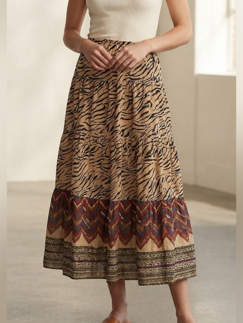 LRL Ralph Lauren Tiered Maxi Skirt Large Animal Print Boho Cotton Generous Fit